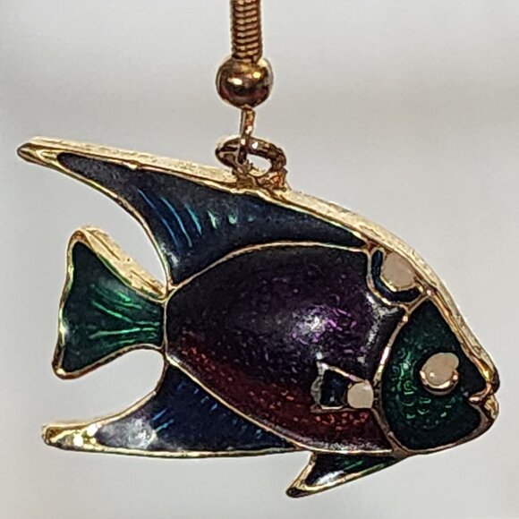 Unsigned Red Green Blue Enamel Gold Tone Angel Fish Dangle Earrings Pierced Ears - Picture 10 of 16